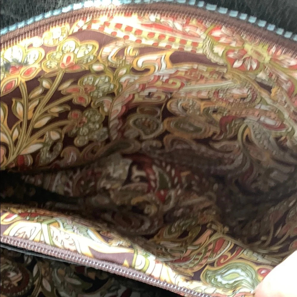Nordstrom Black Leather Blue Stitching Casual Tote Bag Paisley Lining Lg Pockets - Picture 5 of 14